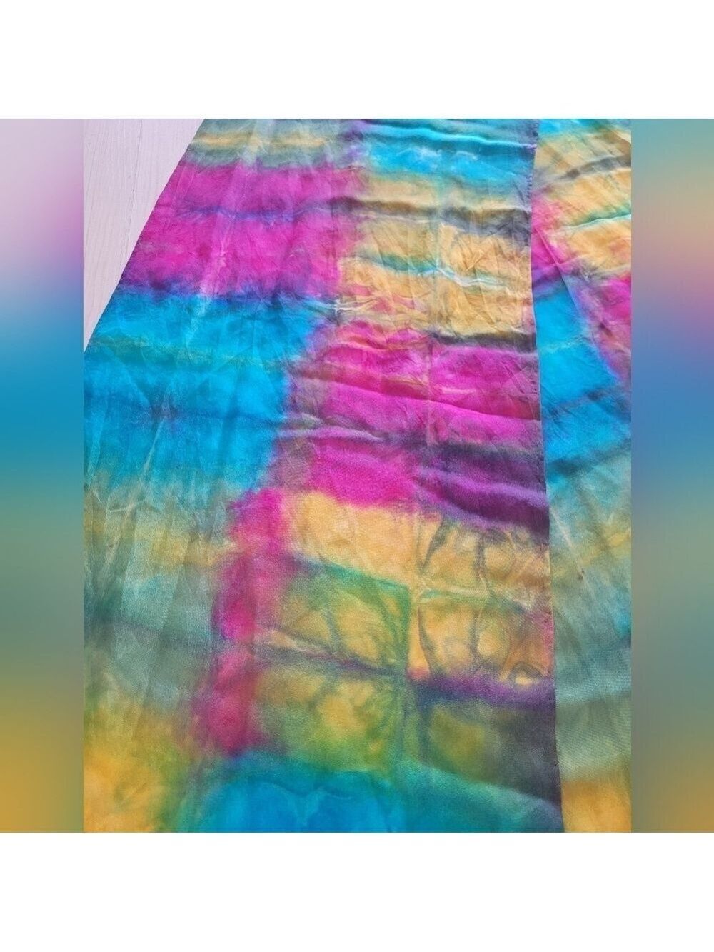 Silk 100% Rainbow Scarf Turquoise Purple Yellow Green Red - Picture 4 of 9
